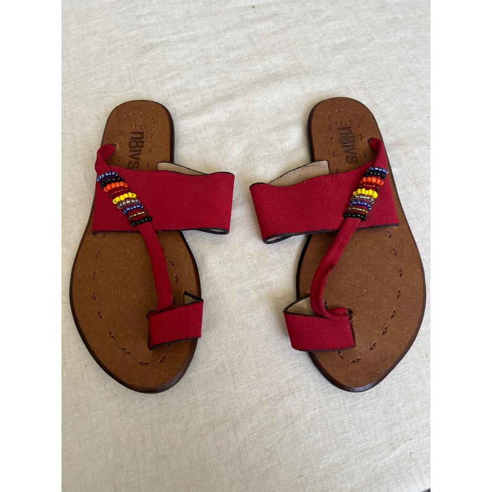 N8ivs Natives Red Suede Leather Beaded Sandals Handmade Ghana Slides 39